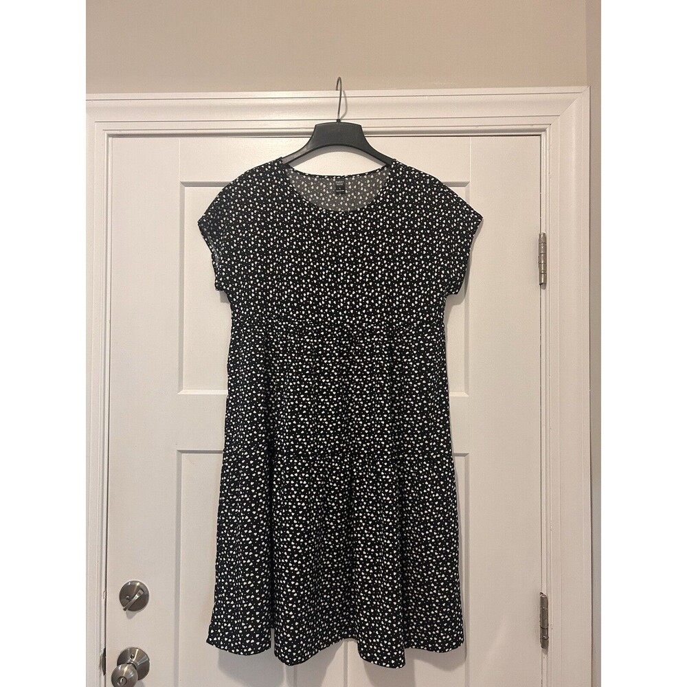 EMERY ROSE Heart & Polka Dot Dress Short Sleeve Ruffle Black White Size Large